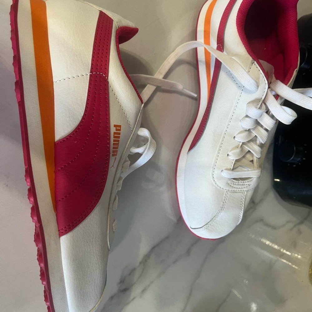 Puma White Sneakers with Pink & Orange Accent Stripes